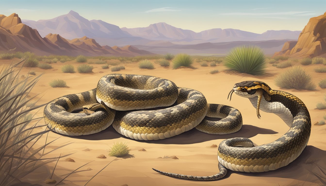 A rattlesnake poised to strike near a scorpion and black widow in a desert landscape