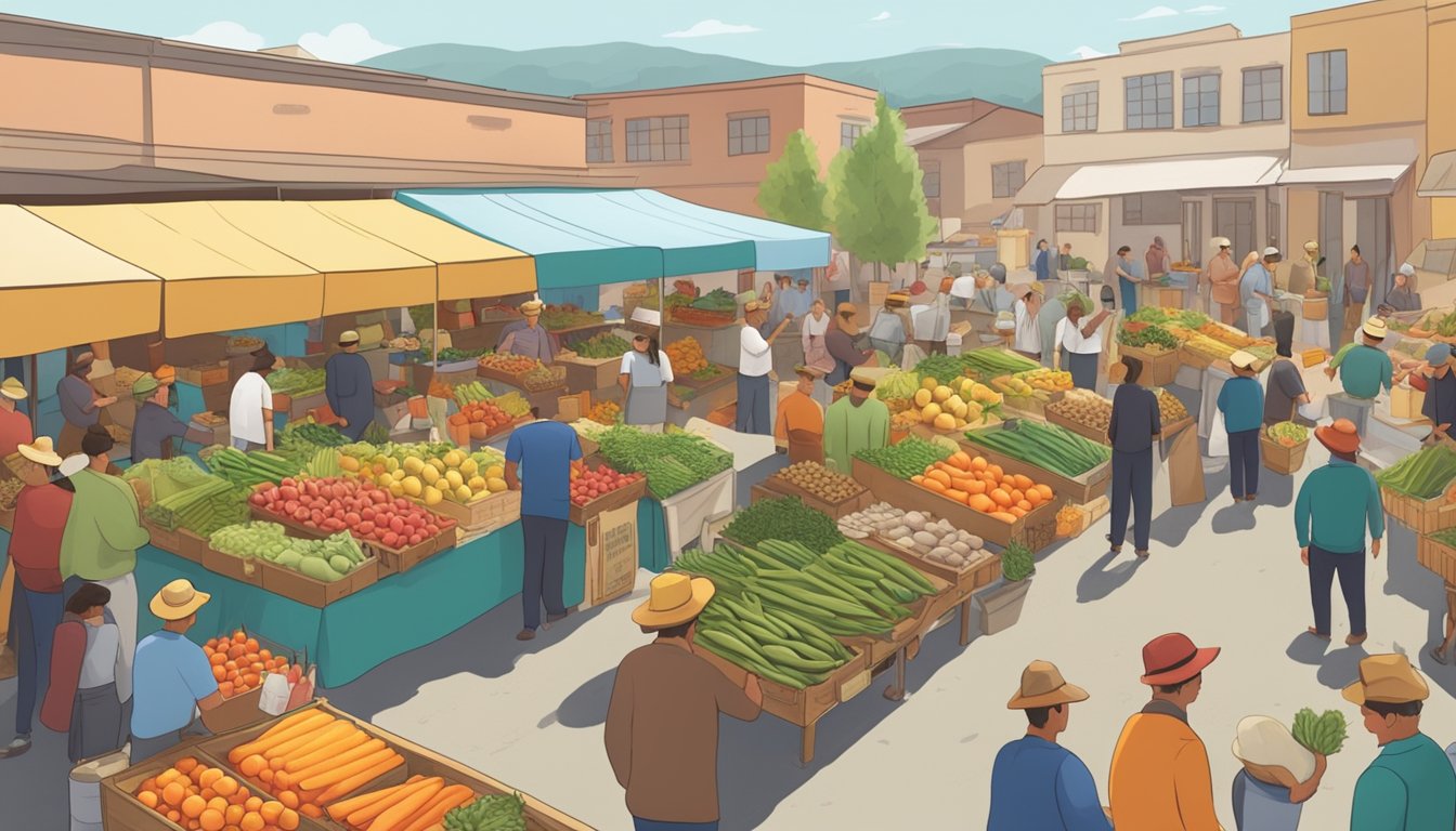 Local farmers selling produce at a bustling farmers' market, surrounded by eager customers and vendors exchanging goods