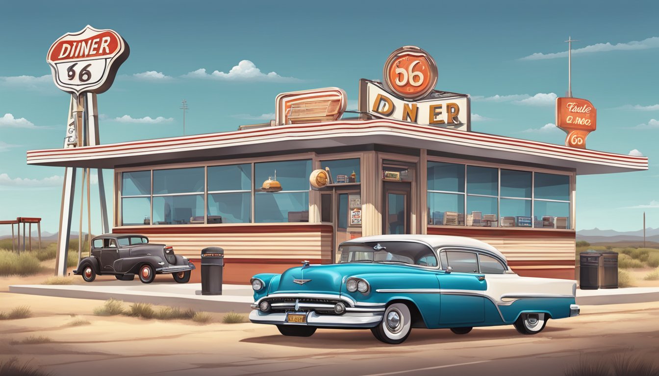 A classic diner sits along historic Route 66 in Texas, surrounded by iconic landmarks and serving up delicious regional cuisine