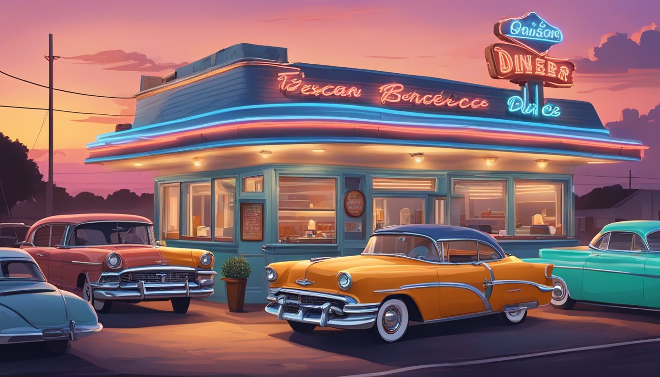 A vintage diner with neon signs and classic cars parked outside, serving up Texan barbecue and homemade pie along historic Route 66 in Texas