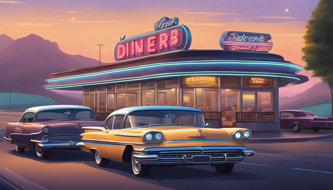 A vintage diner with neon signs, classic cars parked outside, and a stretch of open road leading to a historic site