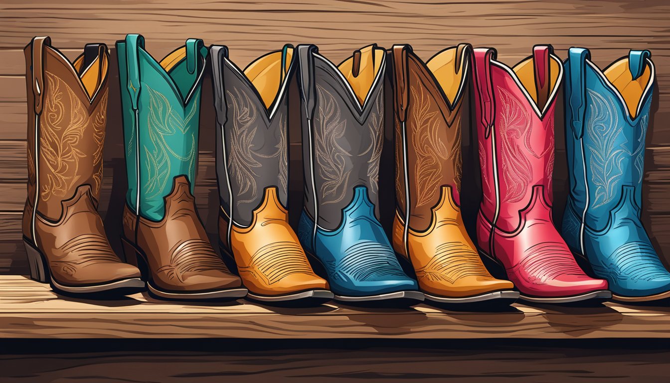 A lineup of cowboy boots, each with a different toe shape, arranged on a display stand against a rustic backdrop