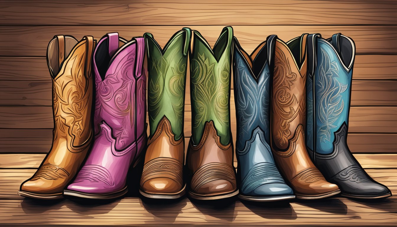 A row of cowboy boots in various styles: square toe, round toe, and pointed toe, displayed on a rustic wooden shelf