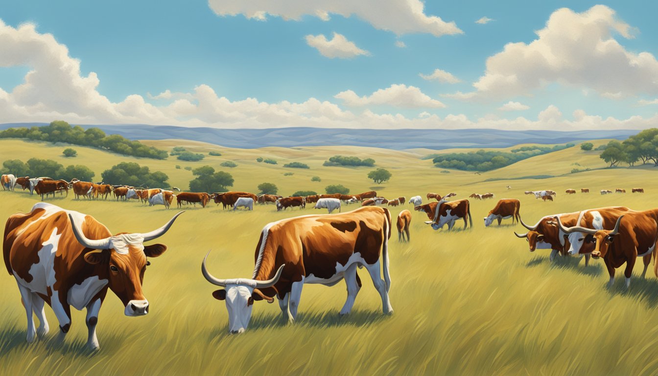 A herd of Texas Longhorns grazing on a vast prairie, with rolling hills and a bright blue sky in the background