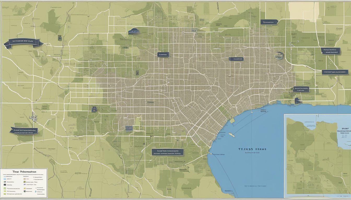 A map of Texas with various freedmen's settlements marked, surrounded by modern challenges such as urban development and environmental changes