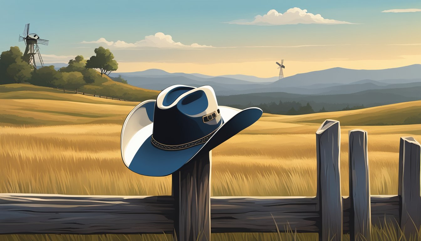 A lone cowboy hat rests on a weathered wooden fence post, surrounded by rolling hills and a lone windmill in the distance