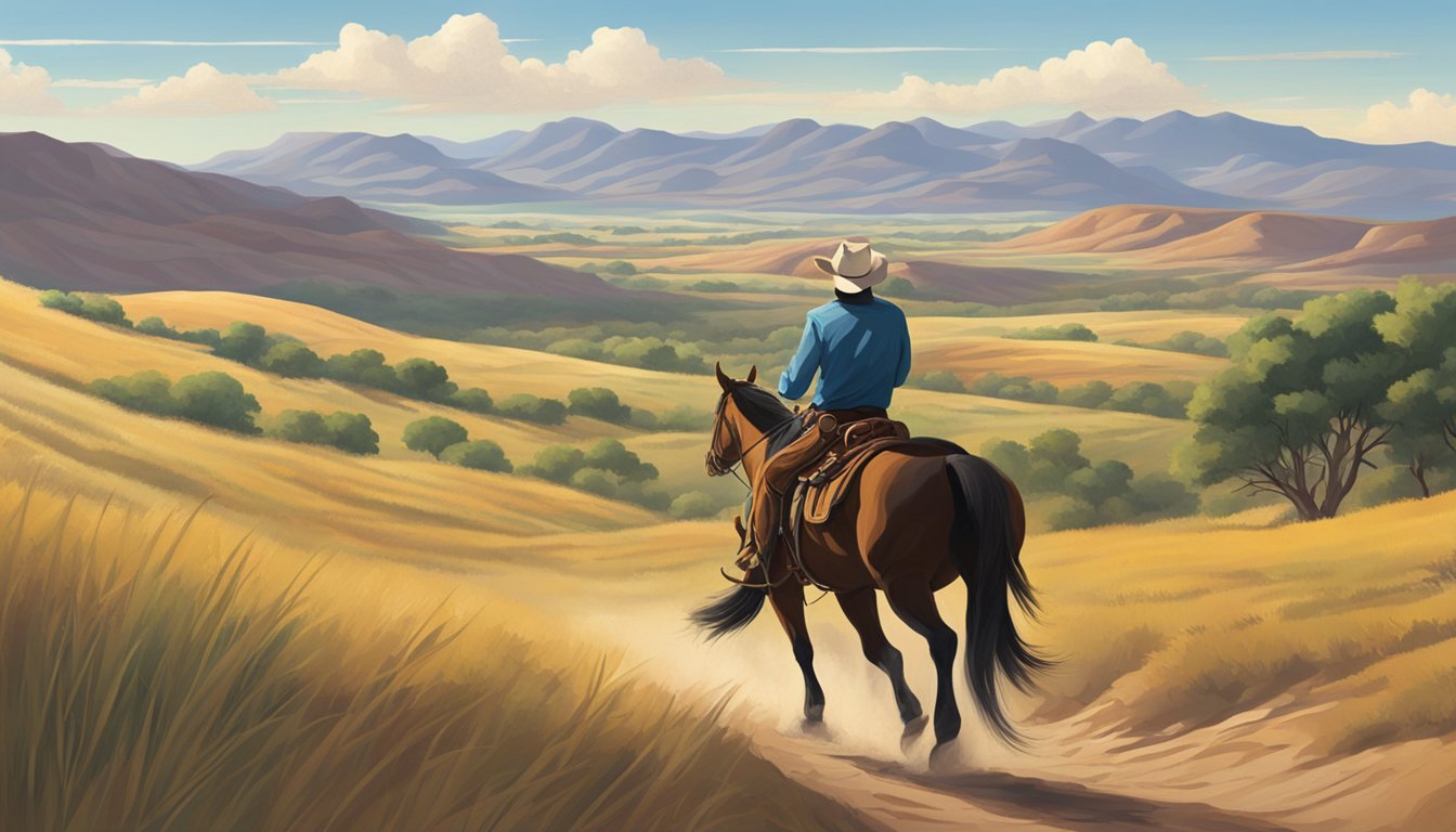 A lone cowboy riding through a vast Texas landscape, with a backdrop of rolling hills and a big, open sky