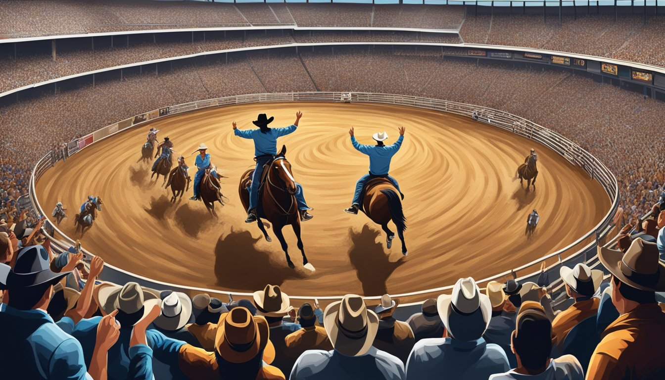 A rodeo arena filled with cheering spectators and cowboys riding bucking broncos, capturing the vibrant energy of Texas sports and recreation culture