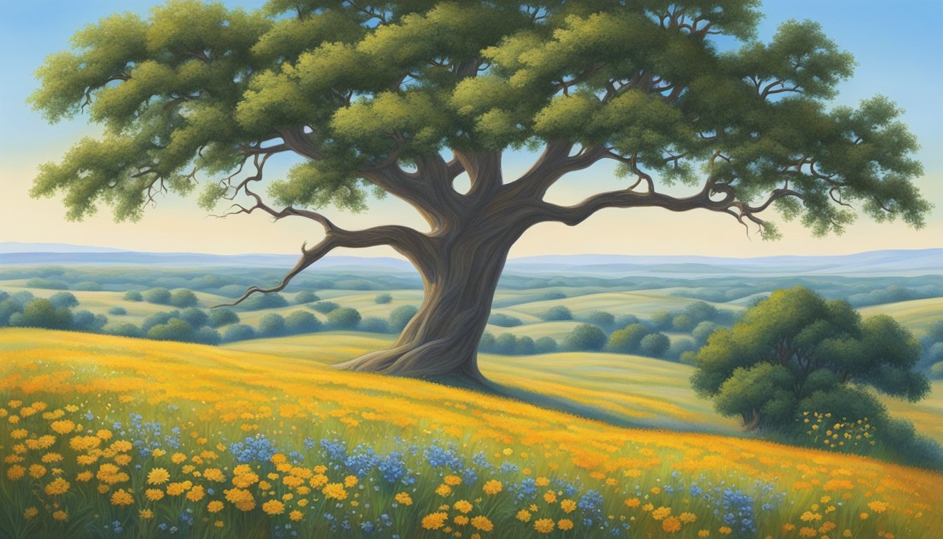 Rolling hills and vast open fields of wildflowers stretch into the distance, framed by a clear blue sky. A lone oak tree stands as a sentinel in the foreground, capturing the essence of Texas's natural beauty