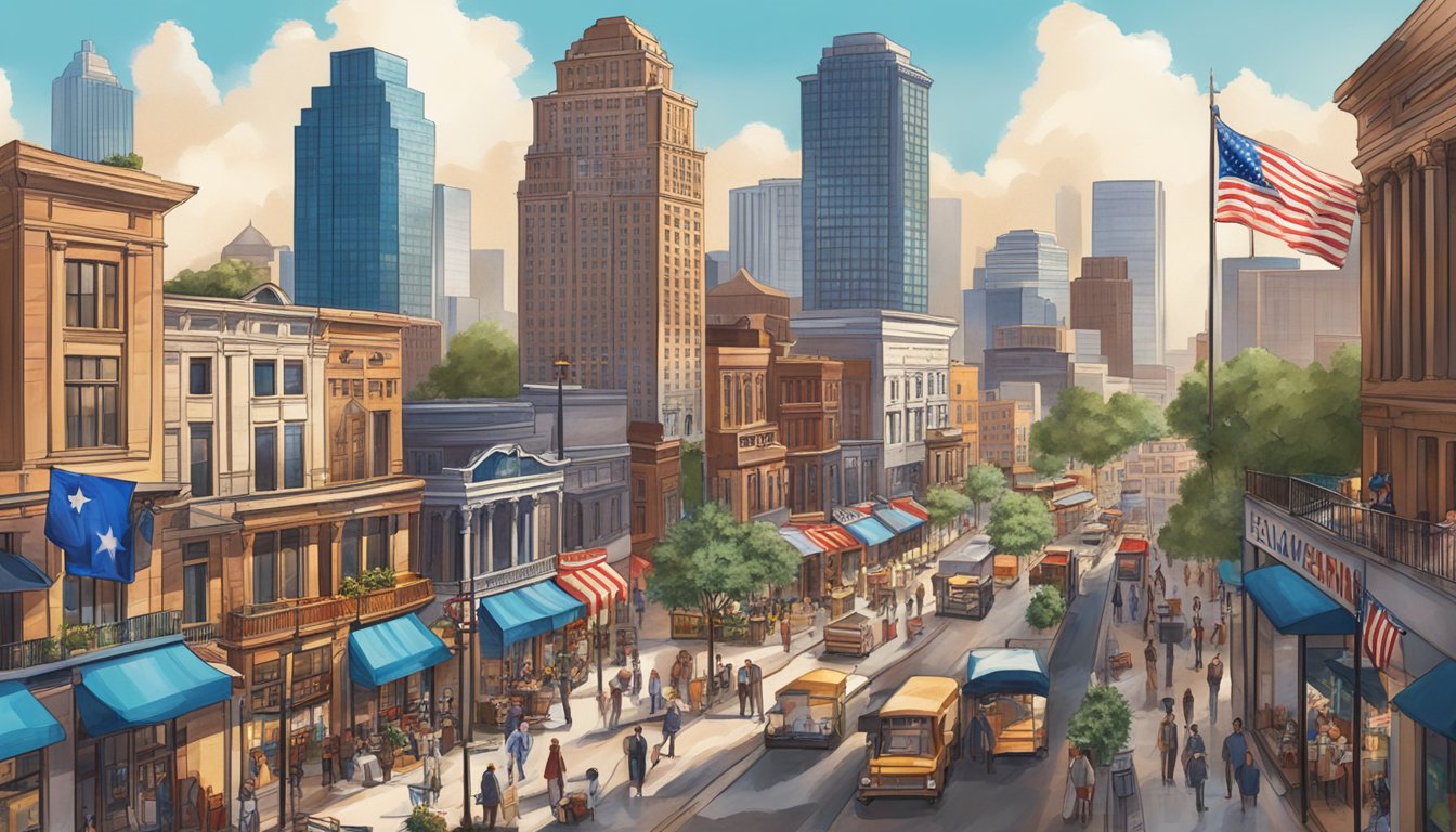 A bustling Texas cityscape with modern buildings, cowboy hats, and a mix of Texan and American flags