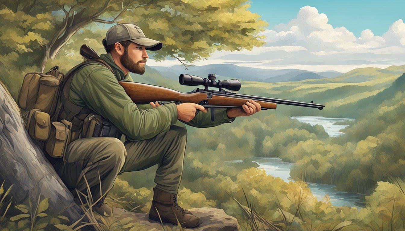 A hunter holding a rifle, surrounded by nature with wildlife in the background