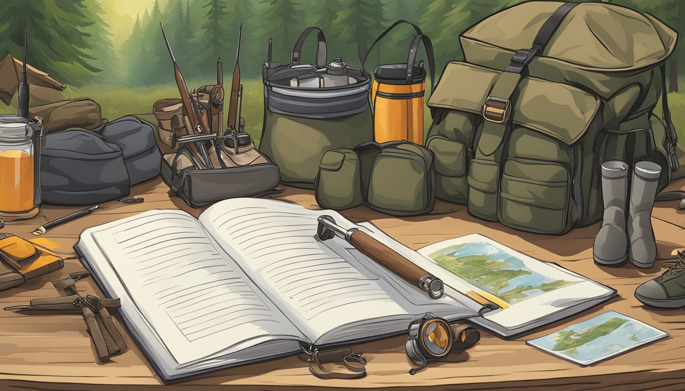 A hunter education course manual open on a table with hunting gear and wildlife illustrations in the background