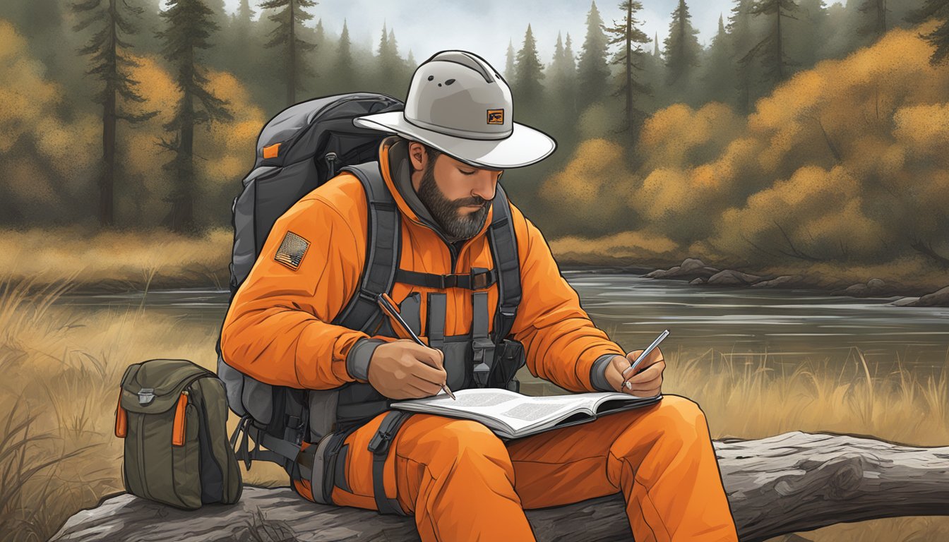 A hunter wearing orange safety gear studies a comprehensive guide book in a Texas wilderness setting