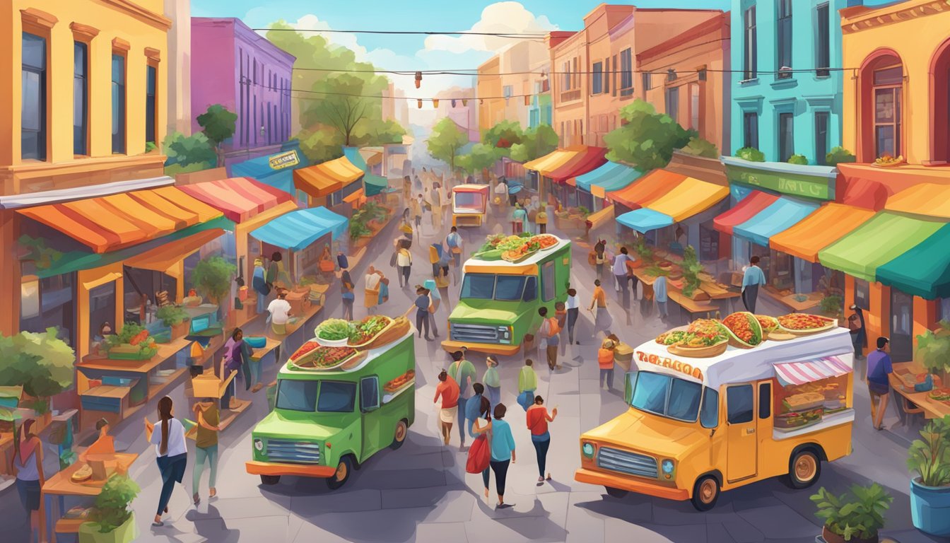 A bustling street lined with colorful food trucks and vibrant restaurants, showcasing a variety of mouthwatering tacos and other traditional Mexican dishes