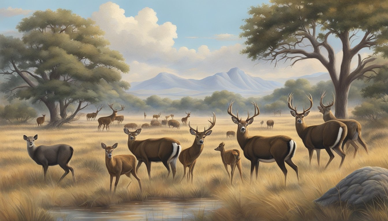 A diverse array of wildlife roam through a vast Texas landscape, including deer, turkeys, and other game animals. The environment is carefully managed to ensure the preservation of these species