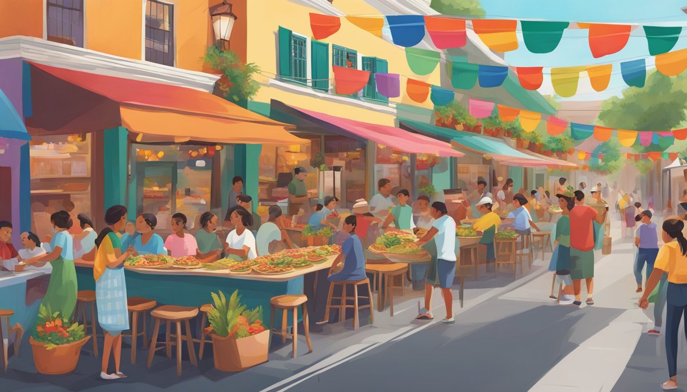 Colorful taco stands line the bustling streets, adorned with festive decorations and lively music. A diverse crowd enjoys the fusion of flavors, celebrating the town's cultural integration