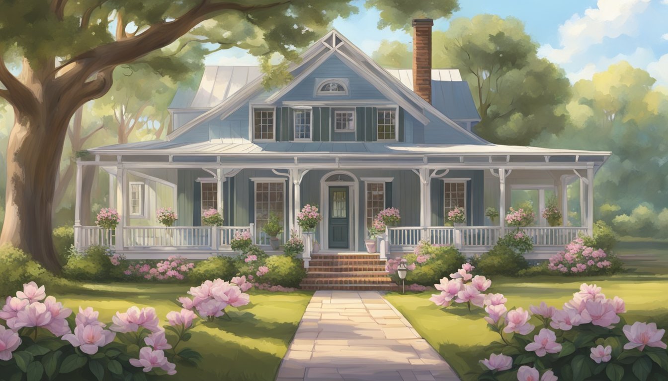 A sprawling ranch house with a wide front porch, surrounded by tall oak trees and blooming magnolias. A pitcher of sweet tea sits on a wooden table