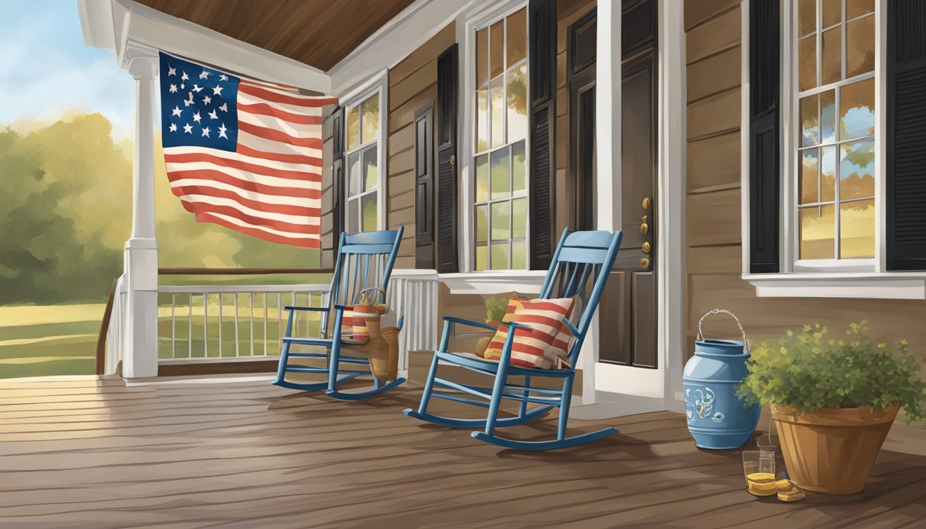 A warm, welcoming porch with a rocking chair, a pitcher of sweet tea, and a Texas flag hanging proudly