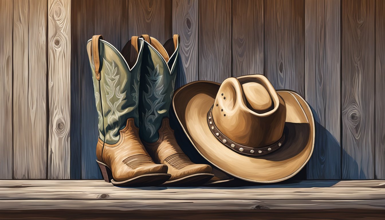 A cowboy hat hanging on a weathered wooden fence, with a pair of cowboy boots resting on the porch of a rustic Texas ranch house