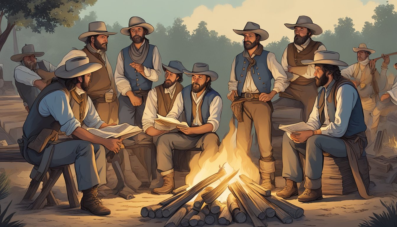 A group of Texan settlers gather around a campfire, discussing the origins of the Texas Revolution with maps and historical documents spread out before them