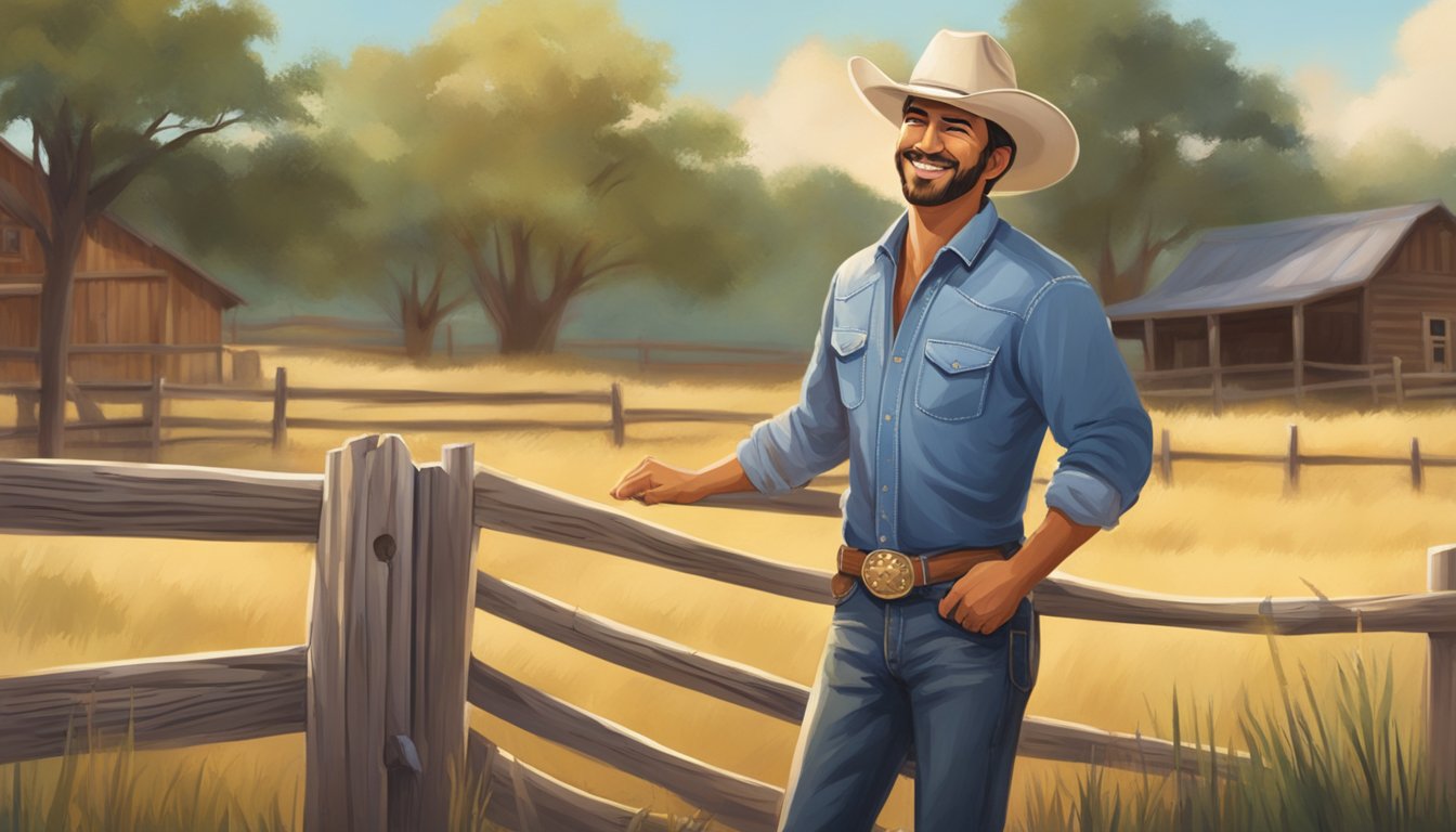 A warm, welcoming gesture at a Texas ranch, with a cowboy hat on a wooden fence and a friendly smile