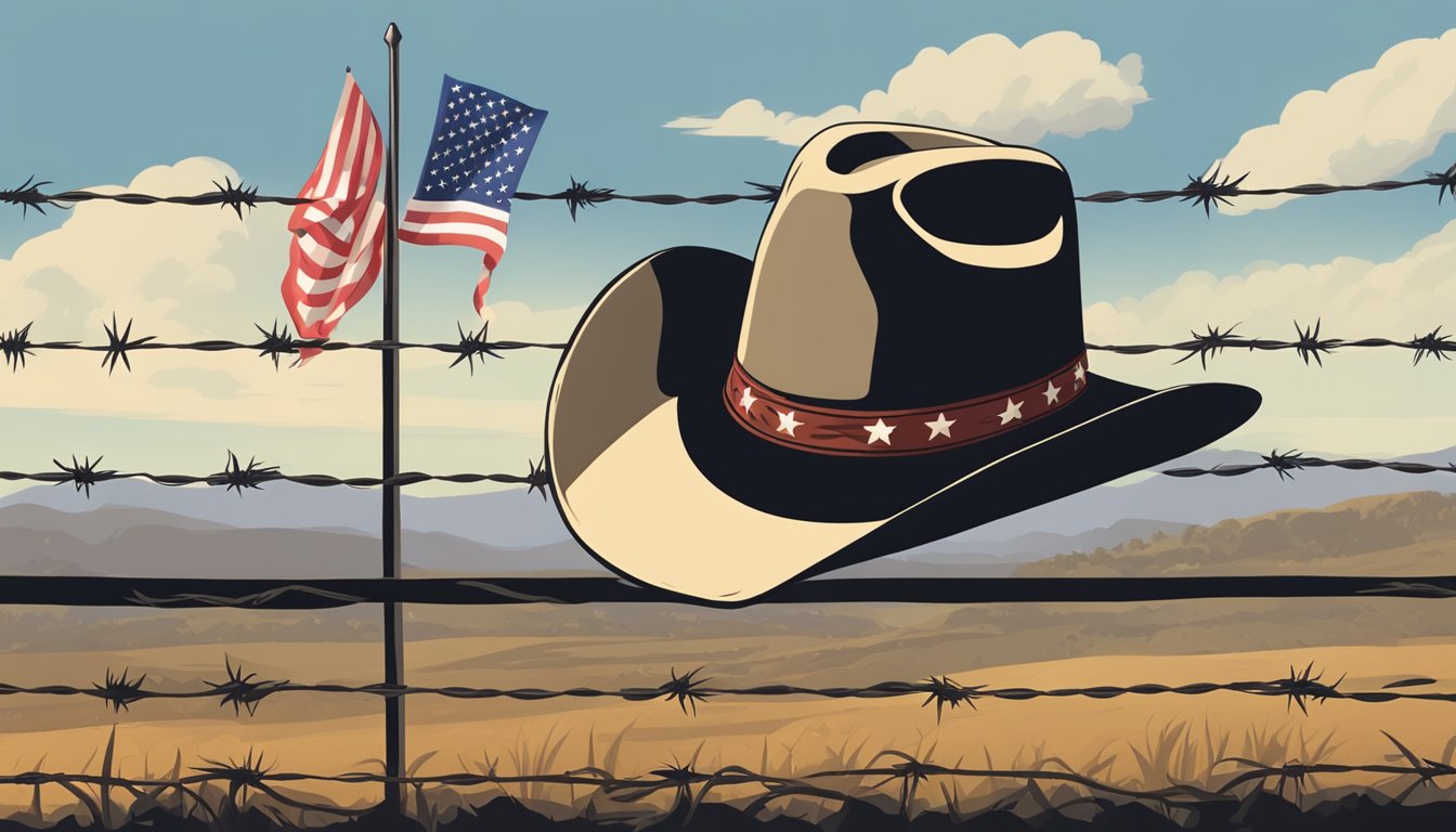 A cowboy hat on a barbed wire fence, with a lone star flag in the background