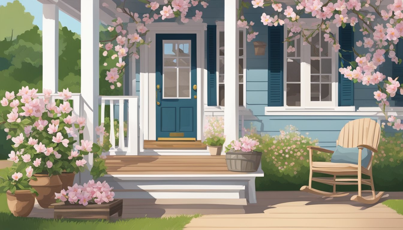 A rustic porch with a rocking chair, a pitcher of sweet tea, and a welcome mat, surrounded by blooming magnolia trees