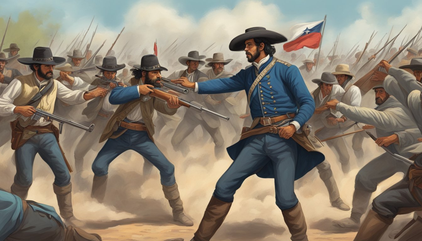 A group of Texan revolutionaries clash with Mexican forces, highlighting the tension and violence of the socio-political impact of the Texas Revolution