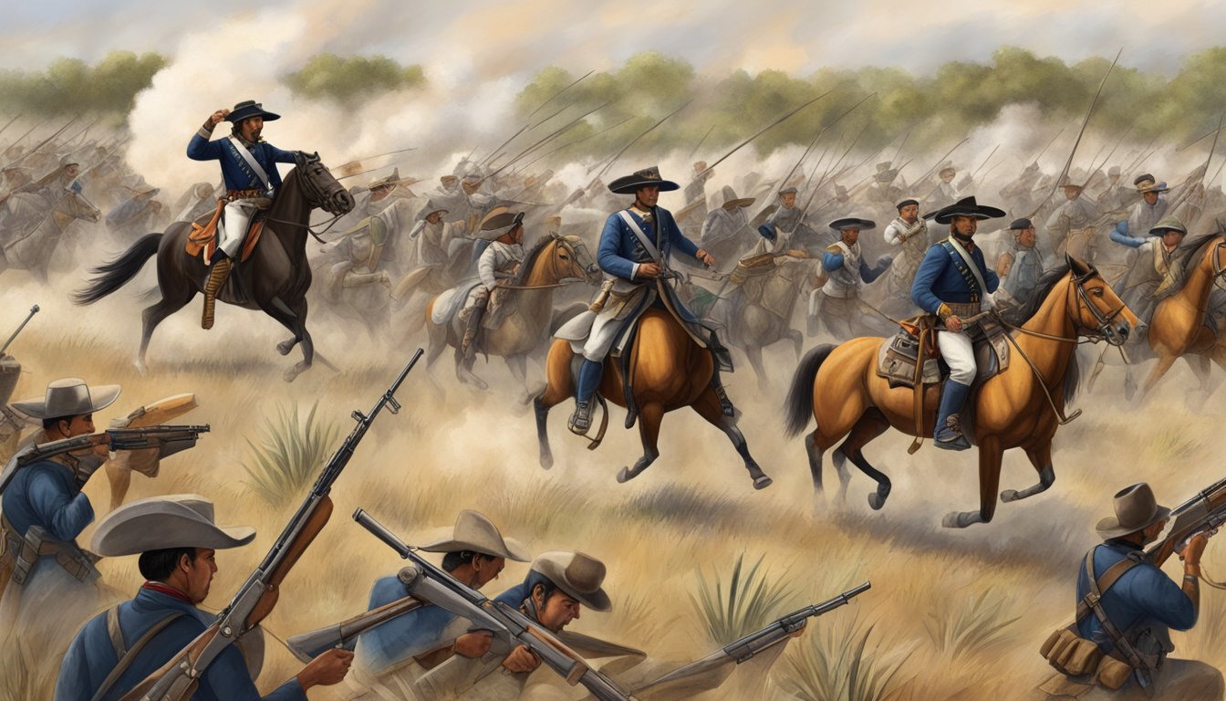 A battlefield with Texan and Mexican forces, showcasing military strategies and armament used during the Texas Revolution