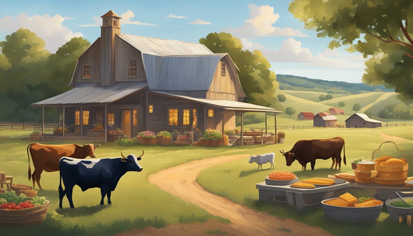 A sprawling Texas ranch with cattle grazing and rolling hills, surrounded by fields of crops and a farmhouse. A table set with a hearty meal of barbecue, cornbread, and fresh produce