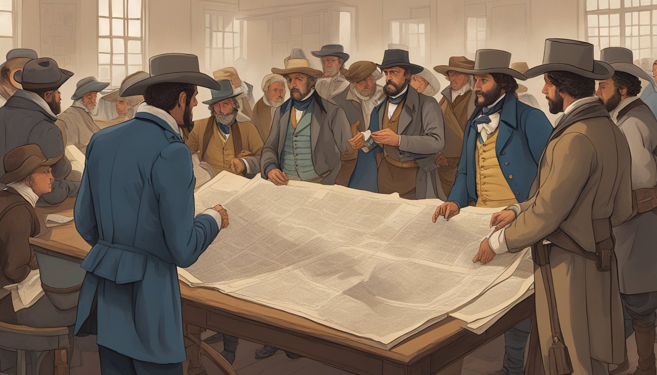 A group of people engage in heated discussions while examining historical documents and maps related to the Texas Revolution