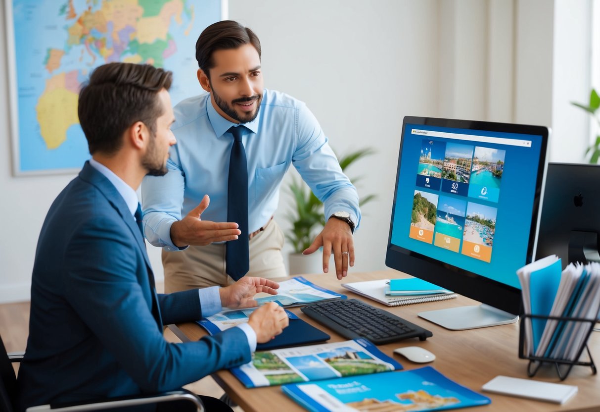 A traveler discussing options with a travel agent at a desk, surrounded by brochures and maps. The agent gestures towards a computer screen displaying different vacation packages