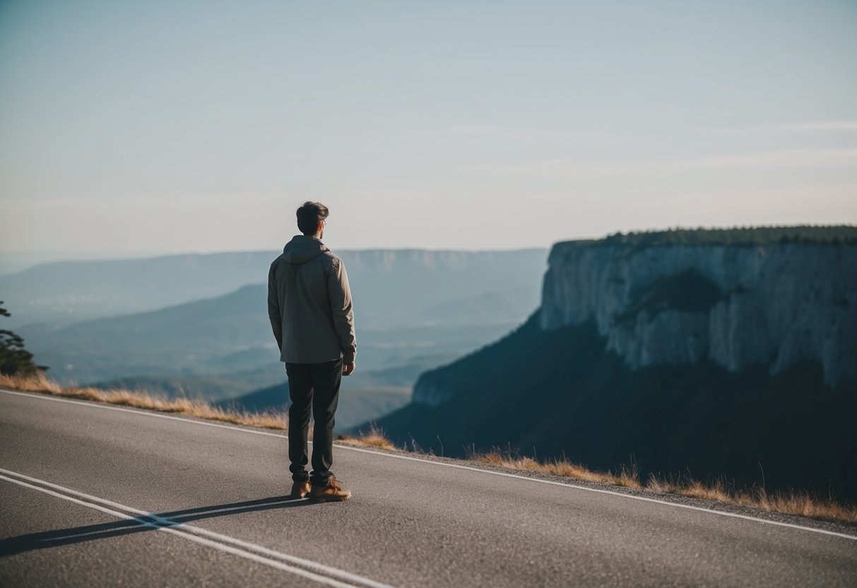 A lone figure stands on a cliff, gazing out at a vast, serene landscape. The open road stretches before them, leading to new adventures