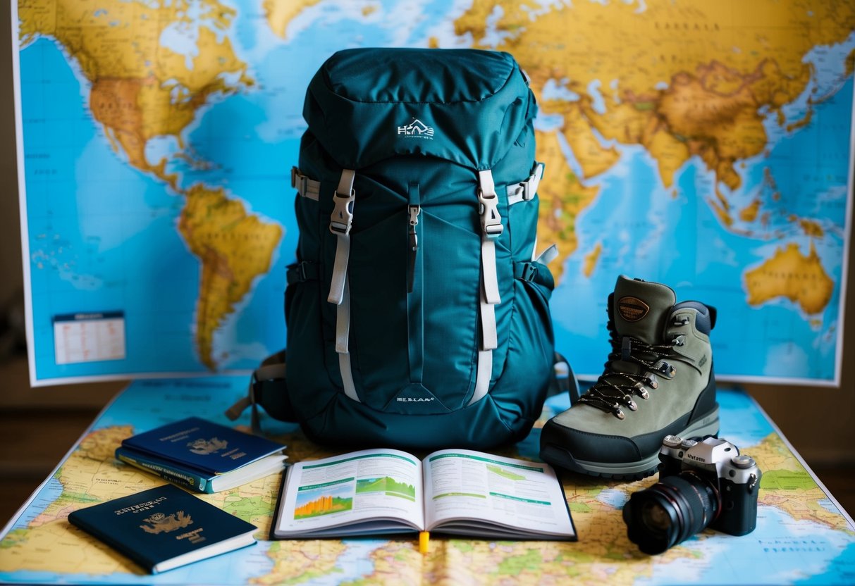 A backpack sits open on a map-covered table, surrounded by travel guides and a passport. A hiking boot and camera are ready for adventure