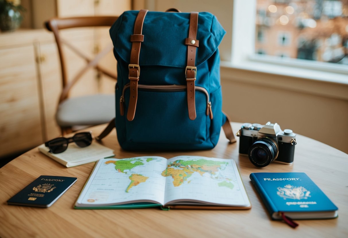 A backpack, passport, map, camera, and journal laid out on a table, ready for a solo adventure