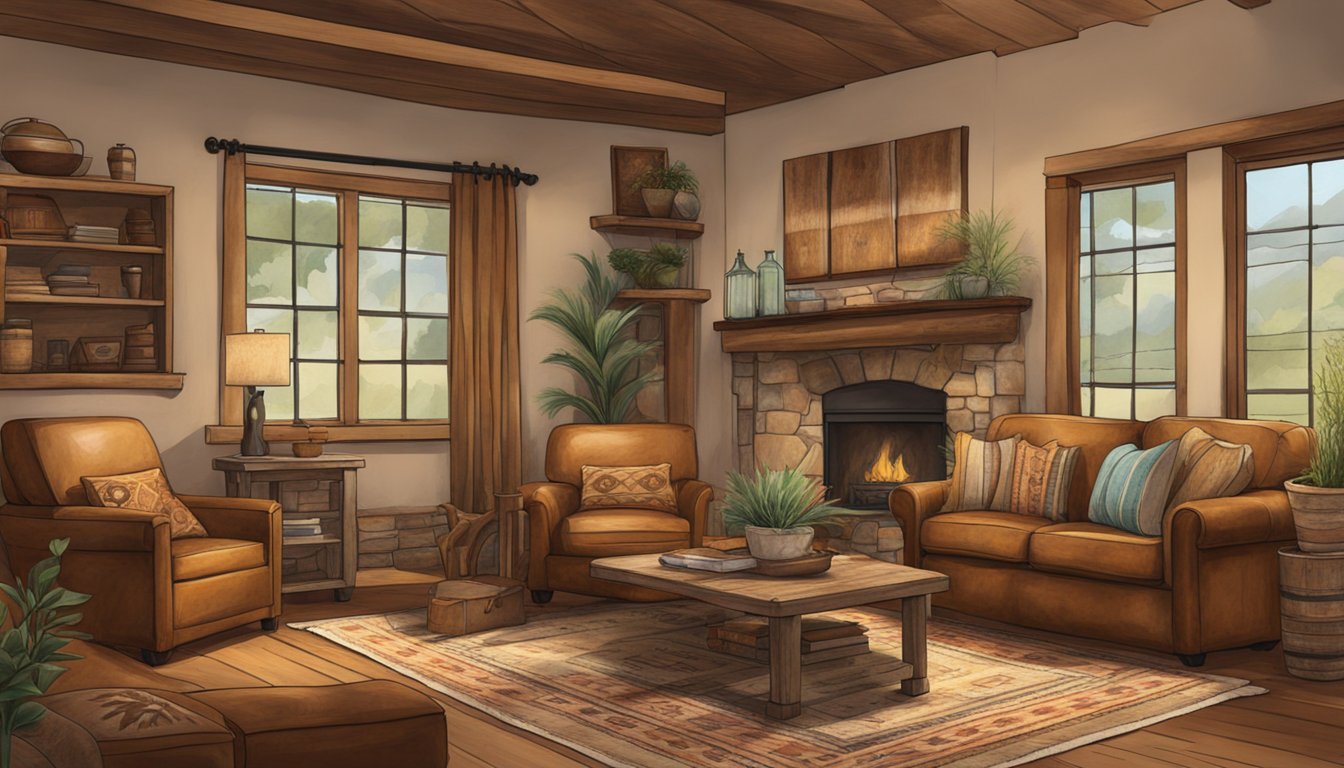 A cozy Texas-style home with warm earthy tones, rustic wooden furniture, and textured fabrics. Rich leather, distressed wood, and southwestern patterns create a welcoming and inviting atmosphere