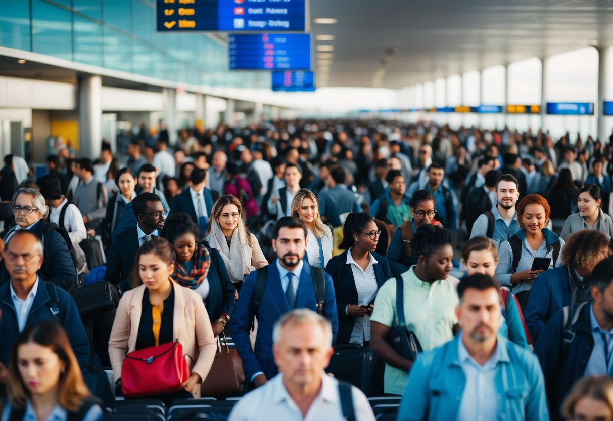 A crowded airport terminal with people from different cultures and backgrounds, all eagerly waiting to board their flights to various destinations