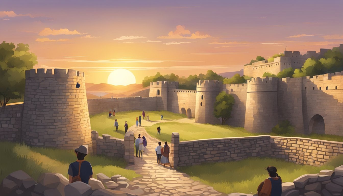 The sun sets behind the stone walls of a historic fort, while people go about their daily activities within the compound