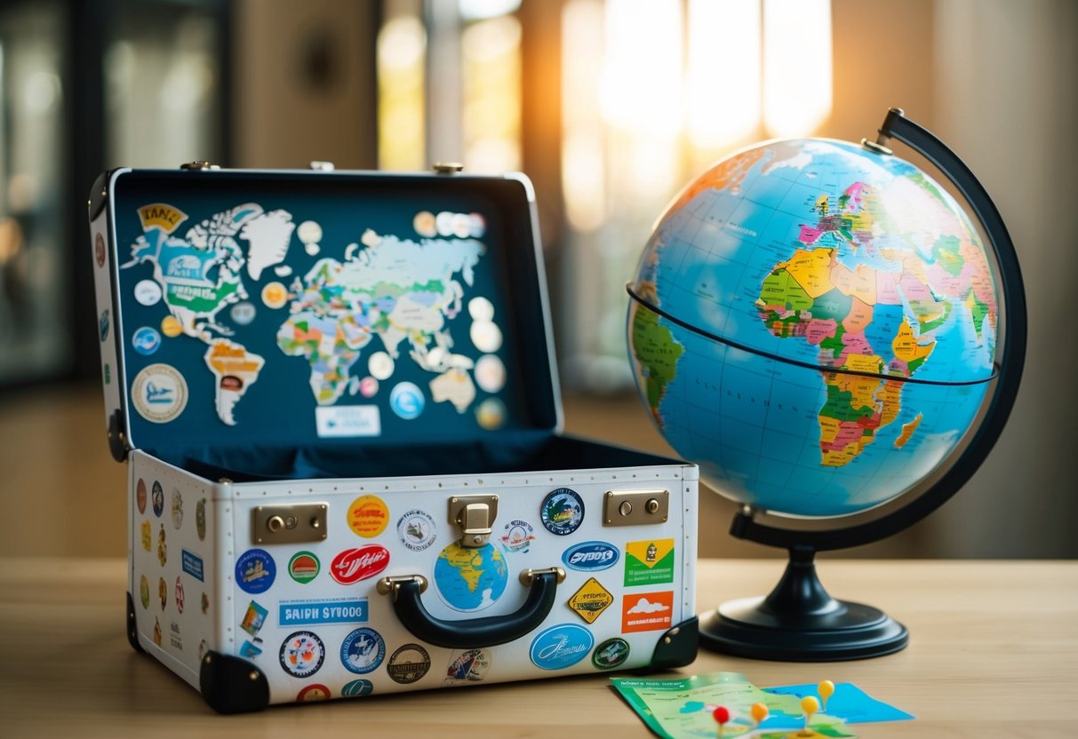 A suitcase with stickers from around the world, a globe, and a map with push pins