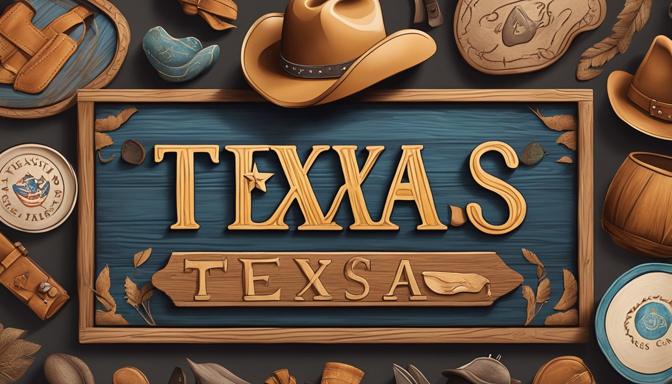 A rustic wooden sign with "Texas" carved into it, surrounded by handcrafted pottery, leather goods, and cowboy hats