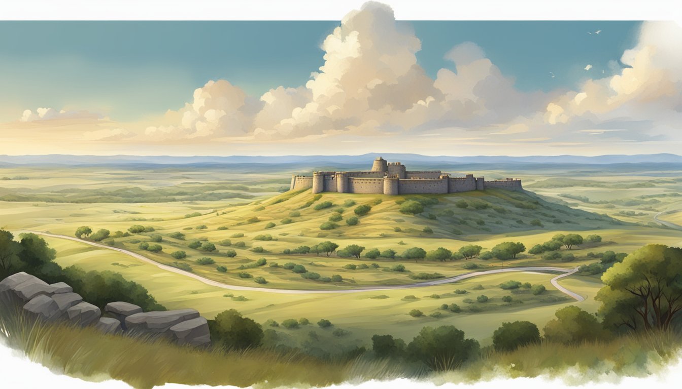 A panoramic view of a Texas landscape with historic forts nestled among rolling hills and sprawling plains