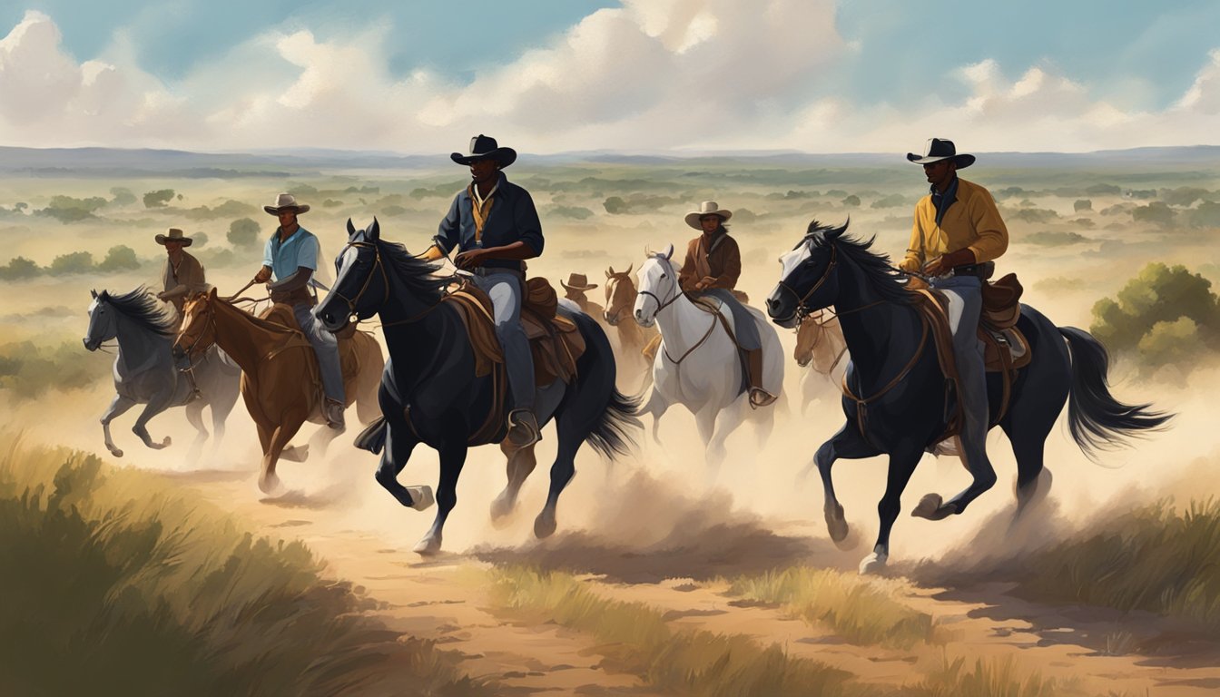 A group of black cowboys riding horses through the Texas countryside, herding cattle under a big open sky