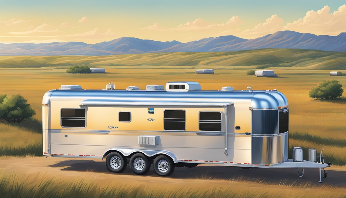 A Texas Pride trailer parked in a vast open field, surrounded by rolling hills and a clear blue sky