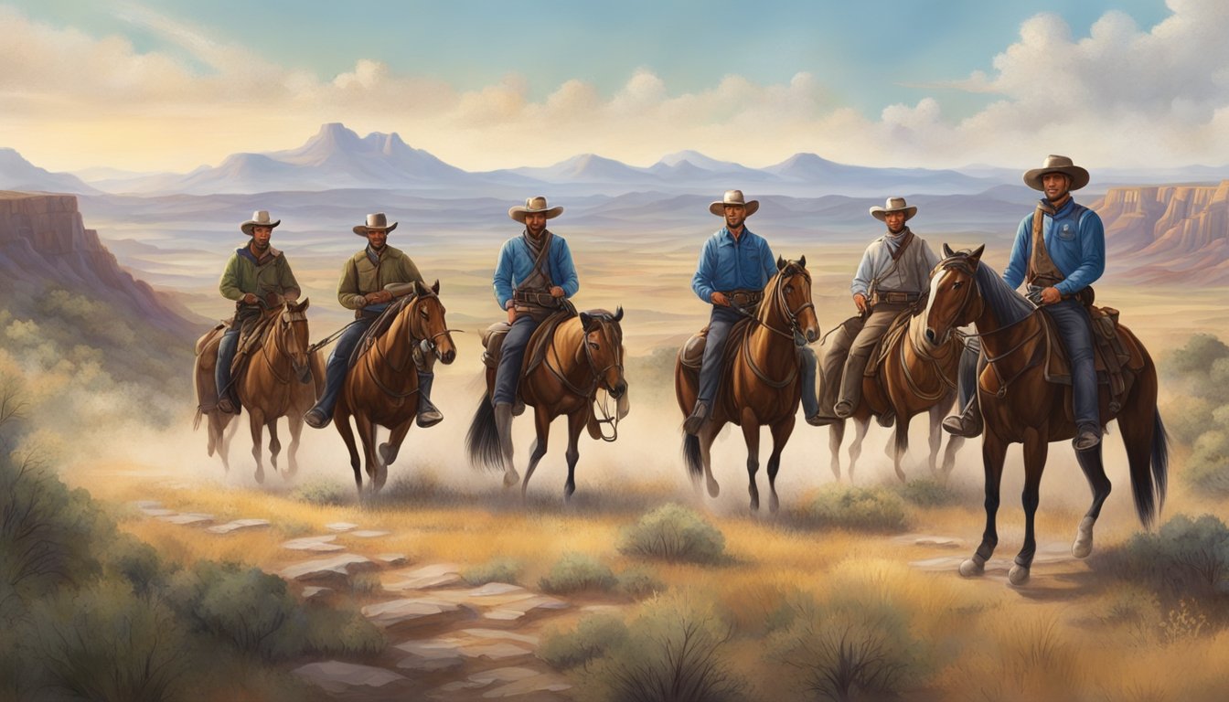 A group of Texas Rangers on horseback ride through a diverse landscape, from rugged mountains to open plains, symbolizing their expansion and notable history