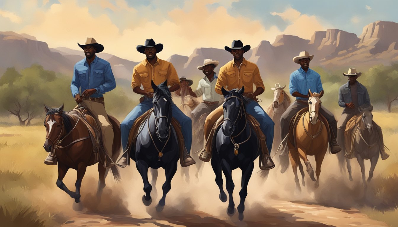 A group of black cowboys riding through the Texas countryside, blending seamlessly into the diverse community