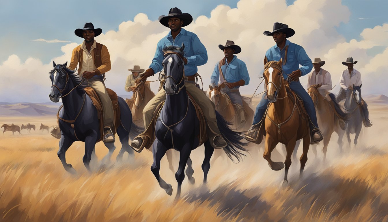 A group of black cowboys riding horses across the vast Texas plains, with their hats and lassos, symbolizing the notable personalities in the community