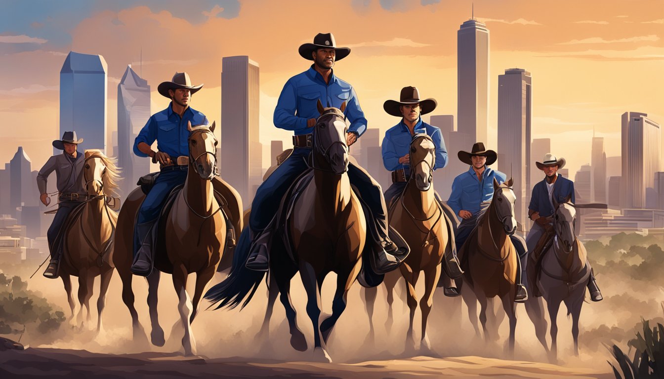 A group of Texas Rangers on horseback, wearing traditional cowboy attire, stand in front of a modern city skyline