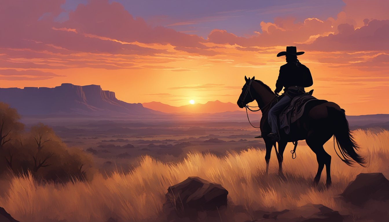 A lone Texas Ranger on horseback, silhouetted against a fiery sunset, with a rugged landscape in the background