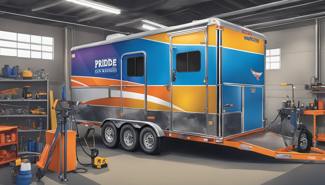 A Texas Pride trailer being serviced by a technician in a workshop with various tools and equipment around