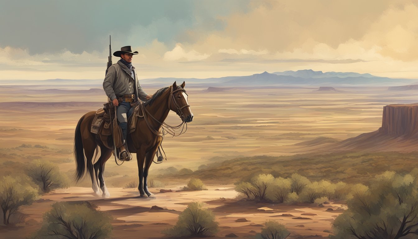 A lone Texas Ranger on horseback surveys the vast open landscape, with a mix of modern and historical elements in the background